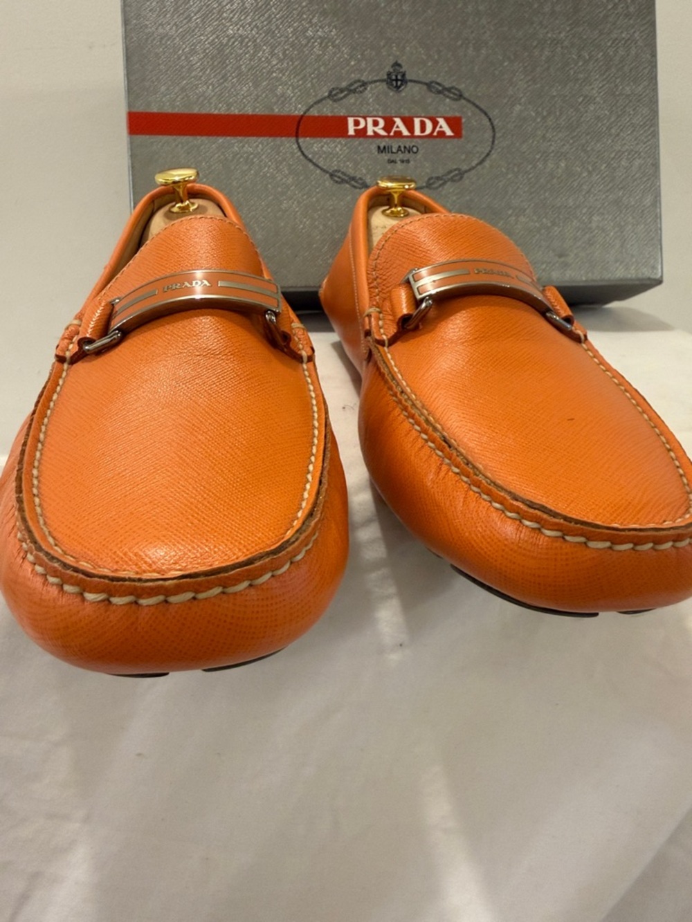 Prada Men’s Orange Leather Bit-Detail Driving Loafers Mens 11-12 - Picture 2 of 7
